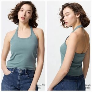 NWOT Uniqlo Womens Airism Open Back Ribbed Halter Bra Top Green Size L Japan